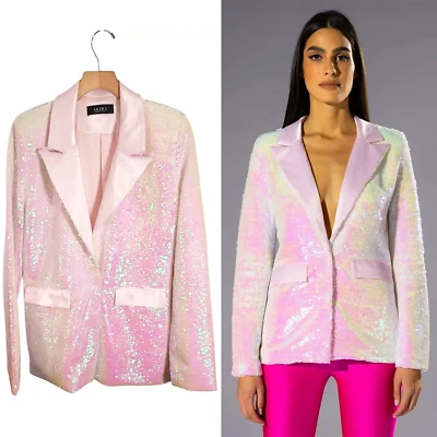  Chaqueta Blazer NUEVA CON ETIQUETAS AKIRA L Rosa Iridiscente Lentejuelas y Satén Cuello Muesca Foto 1 de 4