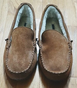 Lands' End Herren hellbraun Wildleder Leder Kunstfell Mokassin Slipper Größe 13 neu ohne Karton - Bild 1 von 21