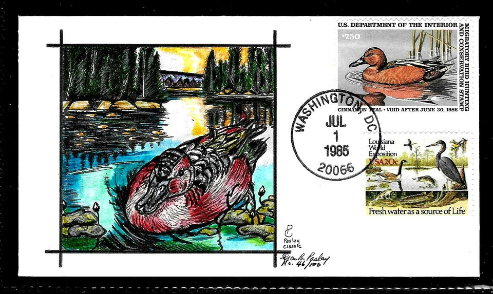 RW52 $7.50 Stamp (1985) CINNAMON TEAL DUCK FDC HD/HP FROM FRAN B. PASLAY - Image 1 of 1