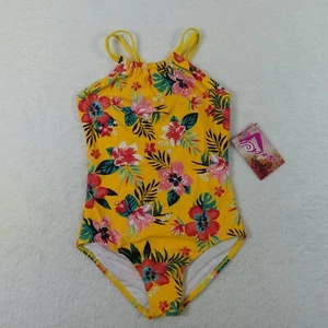 Kanu Surf Swimsuit Girls 14 Yellow Mango Floral One Piece Halter Brooke - Picture 1 of 12