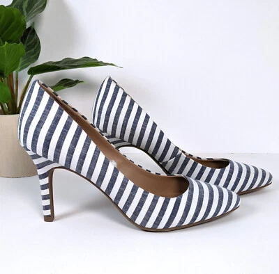 Zapatos de tacón alto Merona denim azul y blanco de tela a rayas para mujer 7 stiletto nuevos sin etiquetas Foto 1 de 4