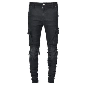 Denim Men's Trousers Ripped Hole Trend Black Slim-Fit Denim Pants for Men - Picture 1 of 5