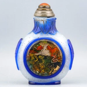 Chinese Peking Glass Snuff Bottle Overlay Painted Scene of Animals 20th Century - Picture 1 of 12