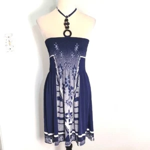 Minivestido Magic azul marino y blanco halter, cuentas y corbata en la espalda talla grande, nuevo con etiquetas - Imagen 1 de 11