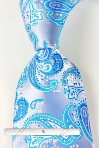 New Classic Paisley Blue Silver White JACQUARD WOVEN 100% Silk Men's Necktie Tie - Picture 1 of 6