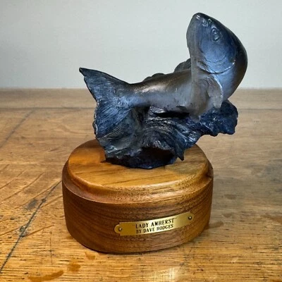 Dave Hodges' "Lady Amherst" Trout Salmon Bronze Fish On Wood Base 36/100 Montana - Image 1 of 4