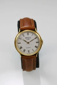 Brieux et Fils Watch Men Gold Stainless Steel WR Brown Leather Batt White Quartz - Picture 1 of 6