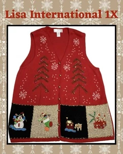Suéter Lisa International Navidad Mujer Bordado Cuentas Árbol Talla 1X Rojo - Imagen 1 de 6