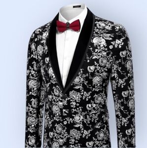 COOFANDY Blazer Men Black Velvet Silver Floral Tuxedo Jacket NWT 2X XXL NEW Prom