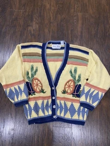VTG Sharon Young Size M Cowboy Boot Knit Cardigan Wagon Wheel Western Cactus - Picture 1 of 12