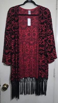 New Red & Black Velvet Kimono Cardigan With Fringe Trim Size X-large - Image 1 of 4