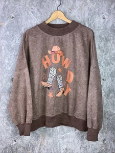 Women’s Size L Brown Howdy Drop Shoulder Mock Neck Pullover Western Sweatshirt - Picture 1 of 9