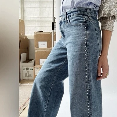 J. Pantalones de mezclilla Crew '84 tiro bajo pierna ancha con detalles tachonados para mujer 28, usados en excelente estado Foto 1 de 4