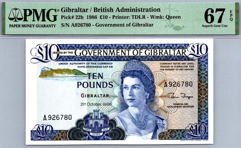 Gibraltar 10 Pounds 1986 PMG 67 EPQ SUPERB GEM UNC Pick # 22b - Image 1 of 3