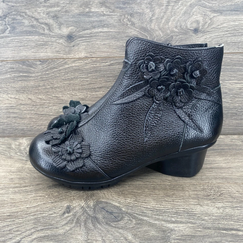 Botines de invierno retro con cremallera de cuero al tobillo flor vintage para mujer talla 8,5 negros Foto 1 de 4