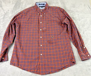 Tommy Hilfiger Men's Large Orange Blue Plaid Button Up Crest Preppy Lumberjack - Picture 1 of 10