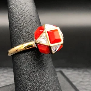 Henri Bendel Cocktail Ring Size 6.5 Red Coral Crystals Gold Plate Geometric Ball - Picture 1 of 8