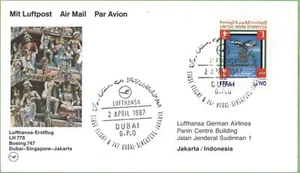 UAE 1987 Lufthansa Boeing 747 First Flight Cover Abu Dhabi - Jakarta (Indonesia) - Picture 1 of 1