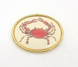 1.75" Oval BARLOW Designs Scrimshaw Style Gold-T Handpainted Red Crab Brooch Pin