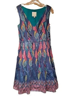 Modcloth Bijou Joys Dress M Peacock Bird Print Fit & Flare Retro Violet Blue - Image 1 of 4