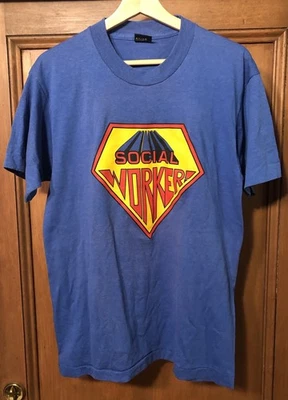 Camiseta De Colección Años 80 Trabajador Social LOGOTIPO SUPERMAN Puntada Única Pantalla Estrellas Talla L Foto 1 de 4