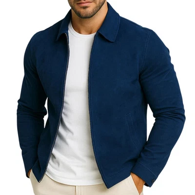 Men's Blue Suede Leather Jacket Biker Casual Real Sheepskin Suede Shirt Jacket - Image 1 of 4