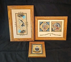 Vintage Navajo Sandmalerei KUNSTSET x 3 mattiert ohne Glas - signiert - Bild 1 von 13