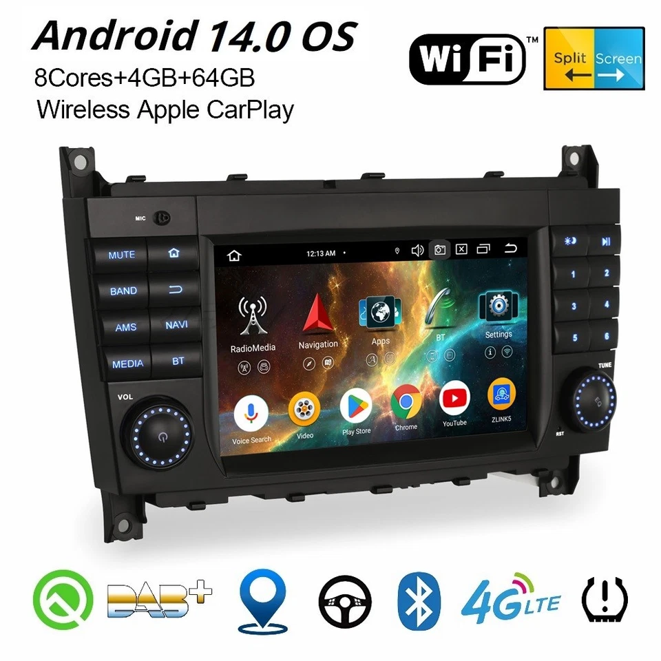 4+64GB Android 14 DAB+ Autoradio CarPlay 8-Kern GPS Mercedes C/G/CLC Klasse W203 - Bild 1 von 4