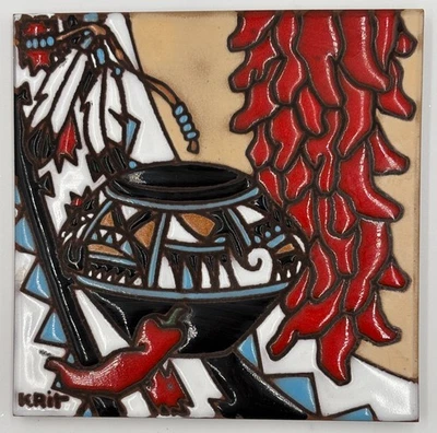 Vintage Pottery South West Tile Trivet Wall Hanging Earthtones Chilies Made USA  - Image 1 of 4