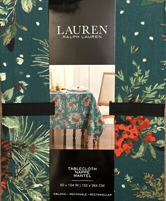 Lauren Ralph Lauren Green Red Berries  & Pine Cone Festive Tablecloth 60 X 104” - Image 1 of 4