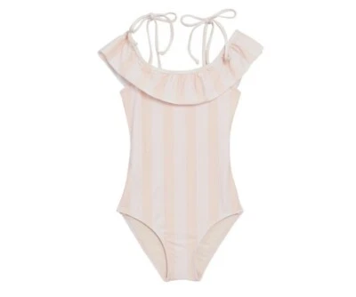 Espléndido traje de baño de una pieza con volantes de líneas largas rosa Big Kid talla 14 10461 Foto 1 de 2