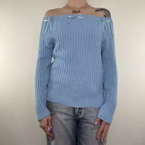 Y2K vintage knit jumper bow off the shoulder chunky slouchy ribbon long sleeve - Picture 1 of 5