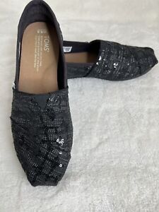 TOMS Black Sequin Classic Slip On Flats Shoes Women's Size 6.5