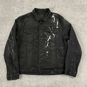 PRPS Jacket Mens XL Slim Black White Liberty Paint Splatter Denim Button Up L/S - Picture 1 of 12