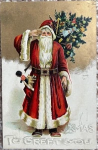 Vestido rojo Papá Noel llevando saludos al árbol ~ muñeca negra ~ postal de Navidad - Imagen 1 de 3