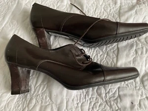 M&S Footglove 8 /42 brown leather block heel vintage lace up shoes Y2K Square - Picture 1 of 9