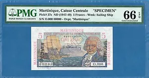 Martinique, 5 Francs, 1947-49, 00000 Specimen, Gem UNC-PMG66EPQ (P27s) - Picture 1 of 2