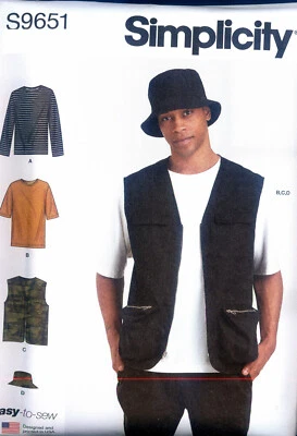 Simplicity 9651 Mens Cargo Utility Vest Hat Top Knit Pattern 34-42 44-52 New - Image 1 of 2