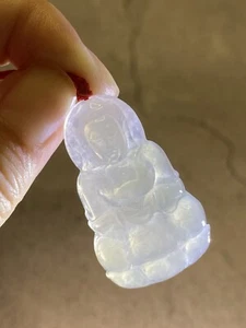 Grade A Natural Hand Carved Icy Jadeite Guan Yin Pendant with Necklace #0155 - Picture 1 of 5