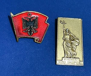 Albanian Pin Medals - Vintage Flag & Mother Albania Monument Socialist Era 2PCS - Picture 1 of 2
