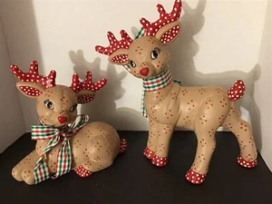 Christmas Reindeer Ceramic 1986 Kimple Mold Figurines Quilted Hand Painted Set 2 - Picture 1 of 5