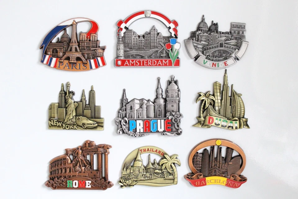 Metal Fridge Magnet Souvenir Gift Paris Rome Barcelona Dubai NewYork Amsterdam - Image 1 of 4