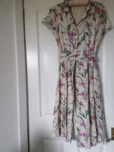 M & S CLASSIC Cream Cotton Floral Shirt Dress Vintage Style Pockets Sz 10 /12 - Picture 1 of 15