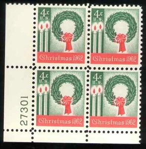 US. 1205. 4c. Wreath & Candles, Christmas. Shiny Gum. PB4 27301 LL. MNH. 1962 - Picture 1 of 2