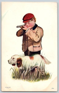 Undivided Back Art Tully Postcard~ A Young Boy Hunter & His Dog - Picture 1 of 2