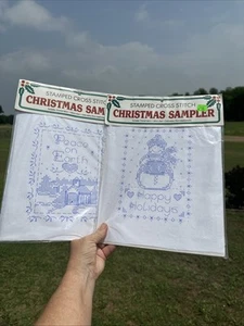 Christmas Stamped Cross Stitch Sampler Holiday Bucilla LOT of 2 - Picture 1 of 7
