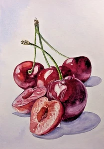 Cherry Red Berries Watercolor Nature Painting Fresh Summer Fruit Kitchen Art - Picture 1 of 11
