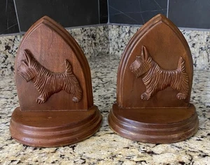 Vintage 2 Solid Wood Bookends w/Carved Scottish Terrier Scottie Dogs on Each 3lb - Picture 1 of 10