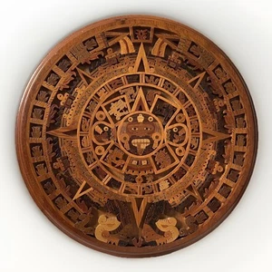 Vintage handgeschnitzte / Intarsien Holz Holztafel / Azteken Kalender / Kunst - Bild 1 von 8