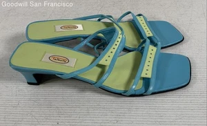 Talbots Blue Green Leather Open Toe Slip On Block Heel Slide Womens Sandals 10B - Picture 1 of 6